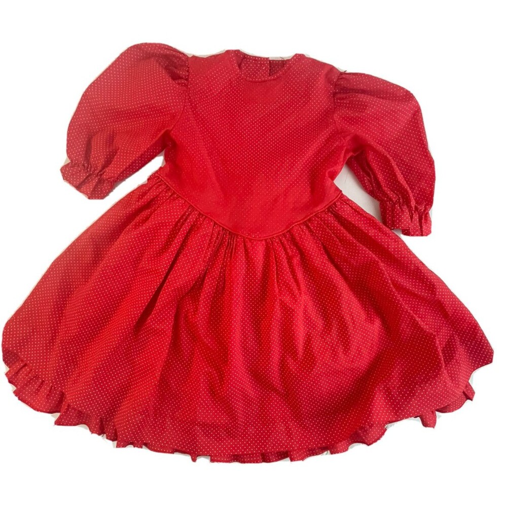 Vintage Little Stars Girls 6 Red Polka Dot Prairie Dress Puff Sleeve Ruffle Belt